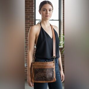 UNBRANDED 2 Two Tone Black Tan Leather Embossed Boho Crossbody Adjustable Bag